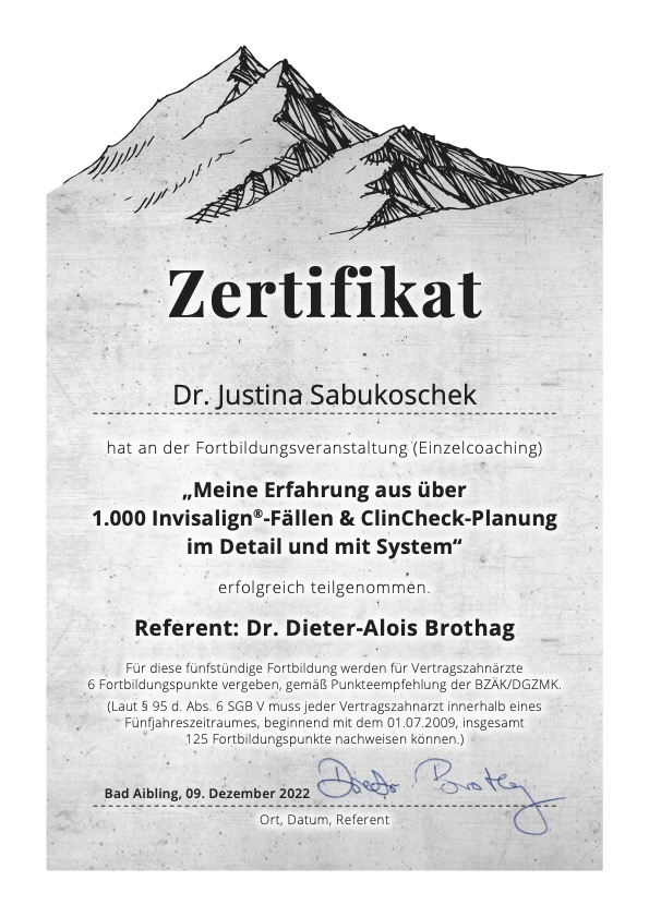 Zertifikat ClinCheck Planung Invisalign Fortbildung Dr. Justina Sabukoschek